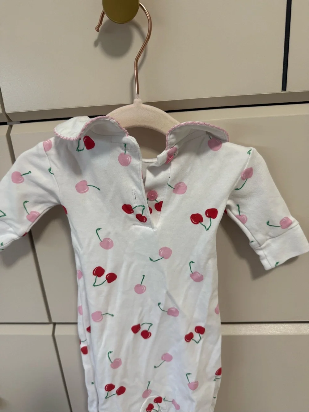 Little English White One-Piece with Red and Pink Cherry Print